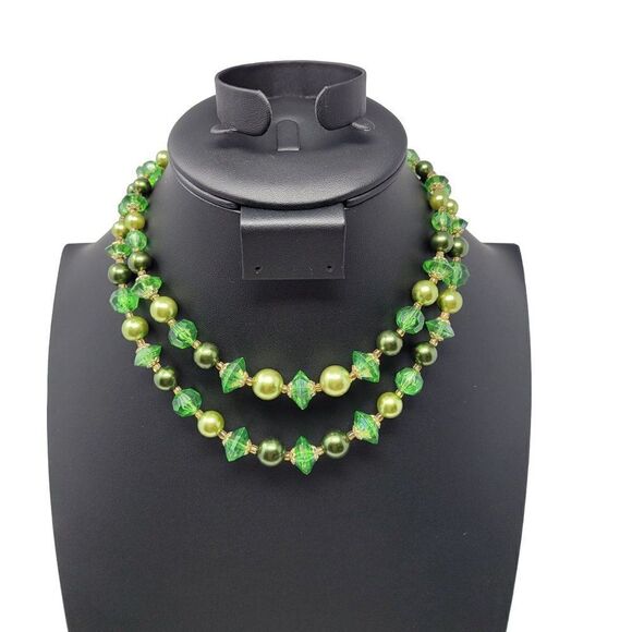 Vintage 80s Double Strand Choker Necklace Green Gold Beaded Multi-strand - Picture 1 of 14